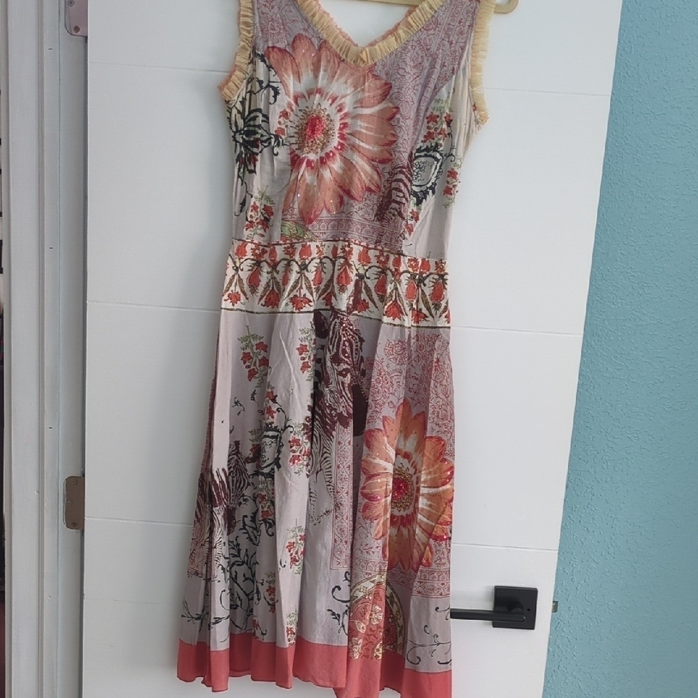 Floral Midi Dress in Coral and Cream - Women